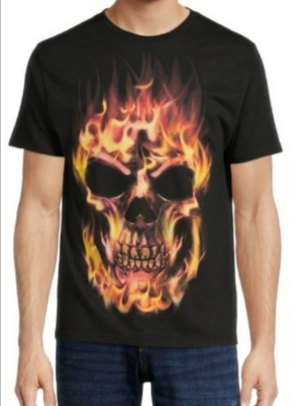 Mens Size XL 46-48 Black Flaming Skull Halloween Tshirt